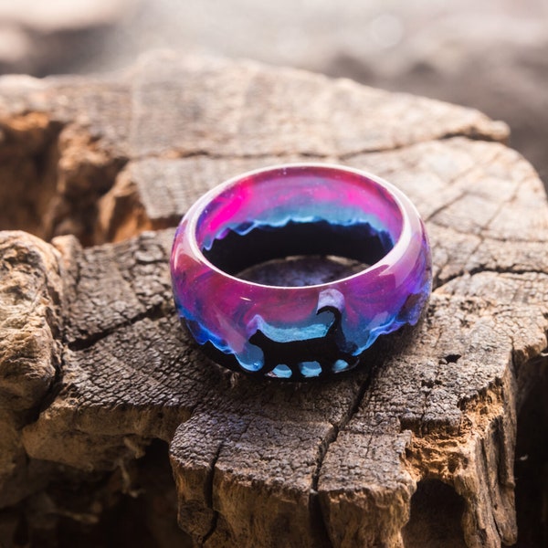 Wood Resin Cat Ring Women| Norway Lights Ring| Handmade Purple-Pink Ring | Glow jewelry wooden ring|Handmade resin ring with cat Animal gift