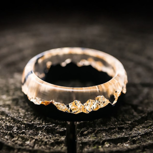 Wood gold resin ring for women Eco epoxy handmade jewelry rings the secret of the magical world in tiny landscape Wedding resin ring for men