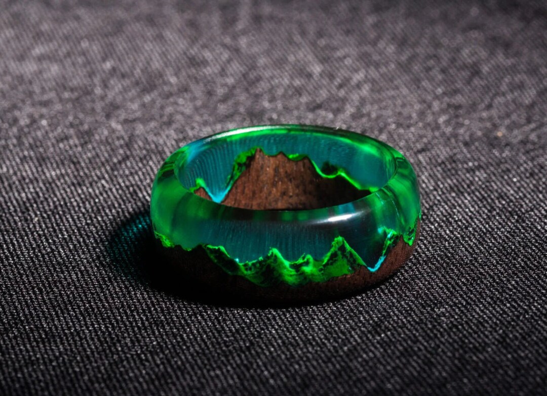 Wood Green Resin Ring glow Handmade Jewelry Polar Night Wooden