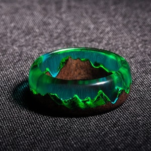 Green Wood resin ring Avatar glow in the dark | handmade jewelry |rings with magic tiny mountain landscape Epoxy resin ring gift for her