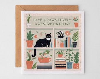 Tarjeta de cumpleaños de gato, tarjeta de felicitación impresionante de Paws-itively para mamá de gato, papá de gato, cumpleaños de amante de gato, arte de gato, gato de acuarela feliz cumpleaños