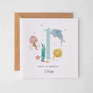 Tarjeta de primer cumpleaños, tarjeta de cumpleaños para niños, numerada 1.º, 2.º, 3.º, vida marina, tarjeta de hito para él, ella, hijo o hija: primero, segundo