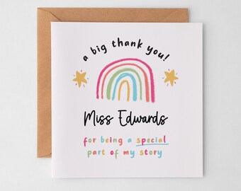 Teacher Thank You Card Personalised for School, Nursery or Pre-School, Rainbow Thank You Card, End of Term Gift, Part of my Story present
