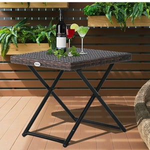 Folding Square Rattan Coffee Table Bistro Balcony Garden Steel Outdoor