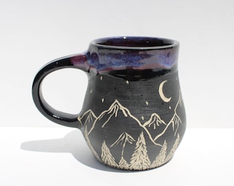 Handmade Carved Ceramic Mug | Wheel Thrown | Mountains | Sgraffito