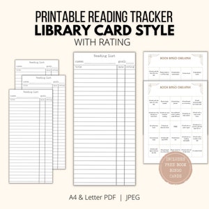 Library Card Style Yearly Reading Tracker Bookmark with Rating – Printable Bookmark - Plain Blank - with Bonus Free Book Bingo Cards