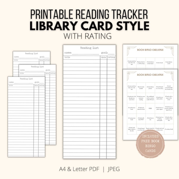 Library Card Style Yearly Reading Tracker Bookmark with Rating – Printable Bookmark - Plain Blank - with Bonus Free Book Bingo Cards