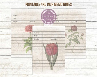 Library Card Style Vintage Flower Memo Notes - 3 Designs - Printable 4 x 6 inch Blank (Set 2)