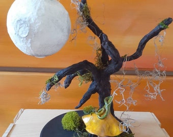 Tree with light up full moon and pixie, hand sculpted tree, pixie with paper mache light up full moon, Fairy diorama