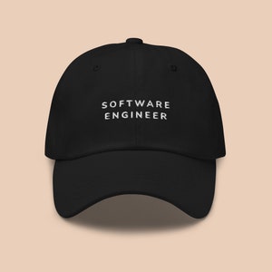 May include: Black baseball cap with white embroidered text that reads "SOFTWARE ENGINEER".