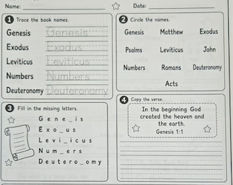 Hojas de trabajo sobre los libros de la Biblia para niños, página para colorear de la Biblia, material escolar imprimible.