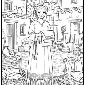 May include: A black and white coloring page featuring a person in a long tunic and head covering holding folded fabric. The scene includes baskets of textiles, pottery, and stone buildings with the text Read Acts 9:36-40 and color at the top.