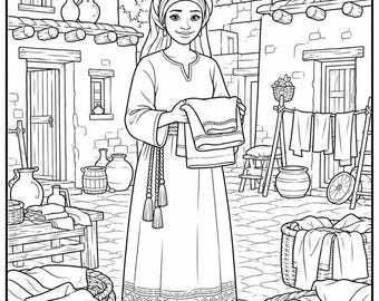 Paquete de actividades bíblicas de Tabita / Página para colorear de Dorcas y preguntas de comprensión / Hechos 9 para imprimir / Actividad bíblica para niños / PDF para educación en casa