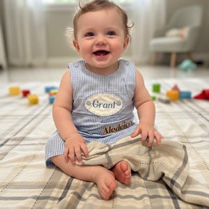 Monogrammed Gingham Baby Boy Jonjon - Personalized Sunsuit
