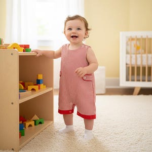 May include: A baby in a red and white striped romper with red trim, smiling near a wooden shelf with colourful wooden blocks. A white cot is in the background.