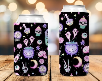 May include: Two black can coolers with a Halloween theme. The coolers feature a repeating pattern of ghosts, potion bottles, skulls, and the text "I SEE THROUGH YOU". The design includes a purple cauldron, a crescent moon, and a skeleton hand.