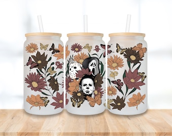 Vaso de cristal con tapa y pajita de villanos de terror y flores