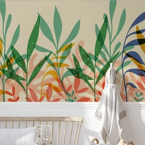 Carta da parati per bambini nella giungla tropicale / murale con foglie multicolori