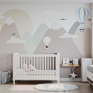 Carta da parati murale con mongolfiera / Carta da parati murale con scena di montagna per bambini. Ora disponibile in versione Peel & Stick