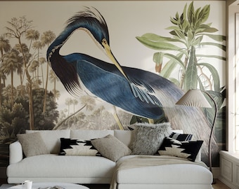 Bird Wallpaper / Mural de garza de Luisiana - Aves ilustradas de América por John James Audubon / Art Wallpaper