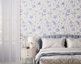 Detailed Floral Wallpaper | Intricate Wallpaper | Sketched Flower Design Available In Blue, Grey, Green & Brown