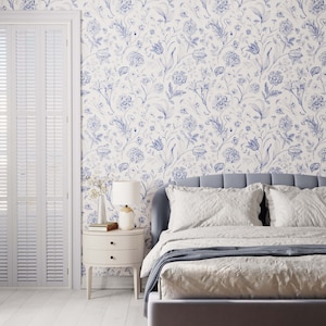 Detailed Floral Wallpaper | Intricate Wallpaper | Sketched Flower Design Available In Blue, Grey, Green & Brown
