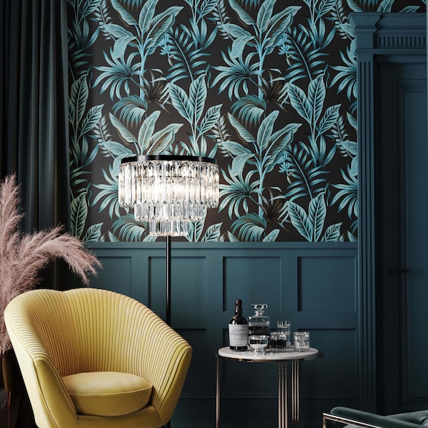 Tropical Wallpaper | Dark Tropical Leaf Effect Wallpaper | Botanical Wallpaper in Blue, Green, Pink & Purple