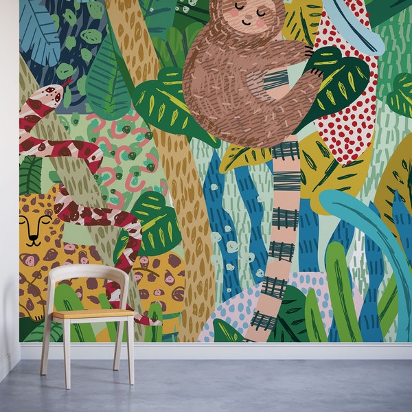 Children's Tropical Wallpaper | Stunning Children's Watercolour Jungle Mural With Sloth, Snake, Leopard & Toucan