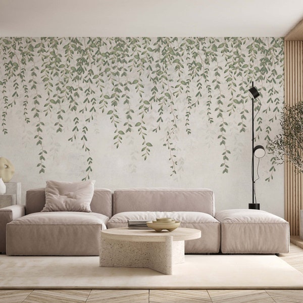 Hanging Leaves And Branches Wallpaper Mural | Green Leaf Wall Mural