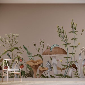 Behangposter met wilde bloemen en paddestoelen