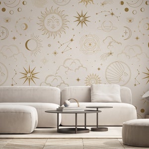 Occult Pattern Wallpaper | Celestial Wall Mural | Moon and Stars Design