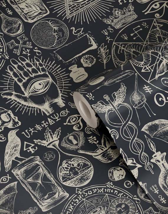 Gothic Wallpaper Beige & Black Wallpaper Options Mystical, Occult Wallpaper  With Skulls, Bats, Moons and More. Peel and Stick Available - Etsy