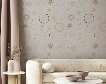 Stars Wallpaper | Moon and Stars Design | Celestial Occult Wallpaper With Moons, Stars, Clouds and More. Now Available In Peel & Stick