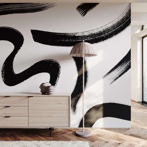 Abstract penseelstreekbehang | Modern geschilderde lijnmuurschildering