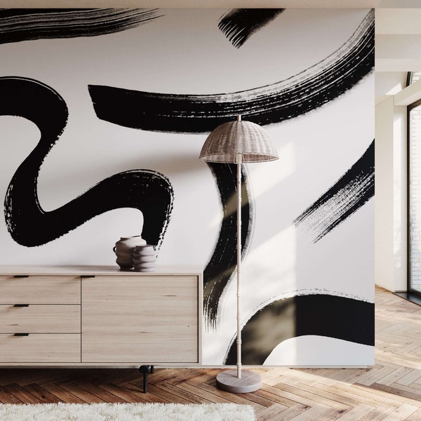 Line Wallpaper | Abstract Painted Wavy Line Wallpaper | Modern Sketched Doodle Wallpaper