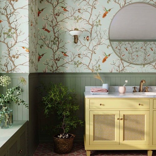 Papier peint oiseaux | Superbe papier peint oiseaux et branches | Papier peint colibri vert, beige, bleu et plus encore >>