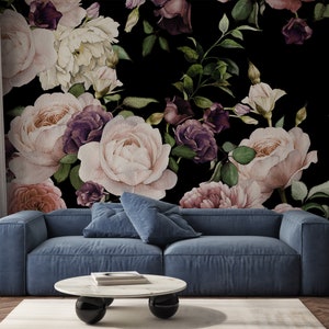 Dark Floral Wallpaper | Large Scale Vintage Flower Mural | Black & Pink Design