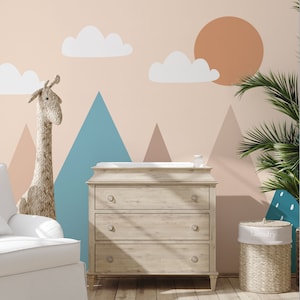 Kinderzimmer Tapeten Wandbild Berg und Sonne | Tapete Erhältlich in Beige, Blau & Grün