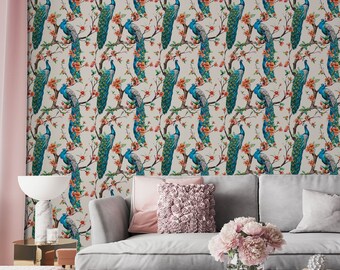 Bright Peacock Wallpaper | Bird & Floral Pattern