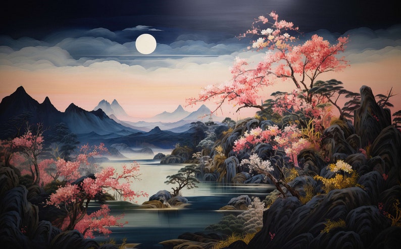 Moonlight Night Cherry Blossom Wallpaper Mural - Etsy