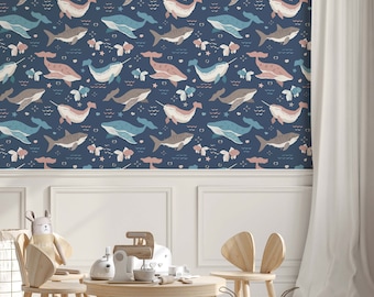 Carta da parati con balene / Decorazioni per camerette con tema oceano, squali e vita marina