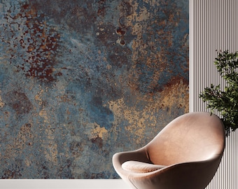 May include: A light brown, egg-shaped chair with a black base sits in front of a wall with a blue, brown, and gold abstract pattern. The wall has a white trim and a white panel to the right.