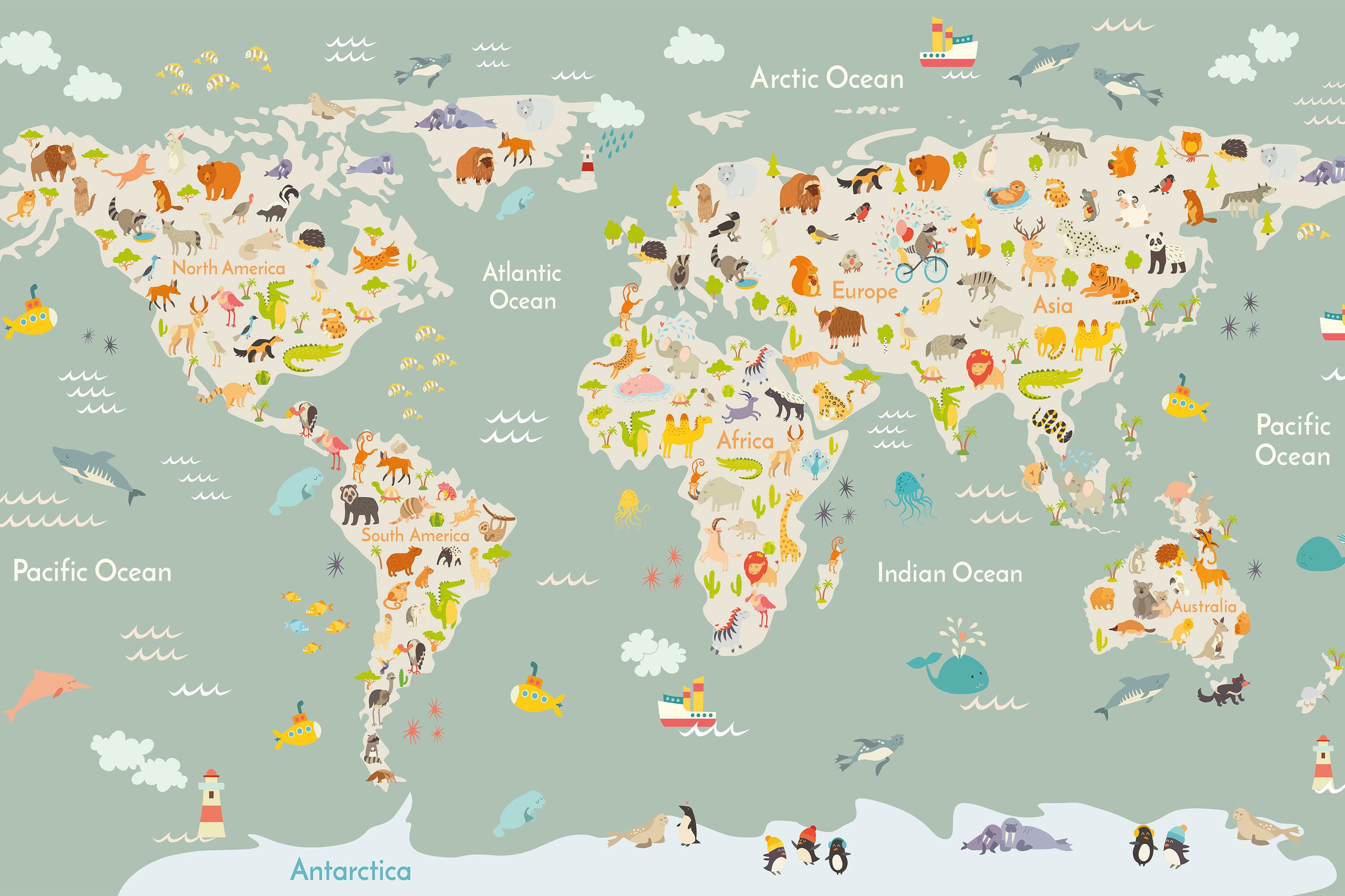 Kids Map Wallpaper Fun Animal Children's Map Wallpaper Etsy