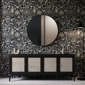 Gothic Wallpaper |  Beige & Black Wallpaper Options | Mystical, Occult Wallpaper With Skulls, Bats, Moons and More. Peel and Stick Available