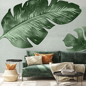 Banana and Monstera Leaf Wallpaper | Large Watercolour Leaves Wall Mural