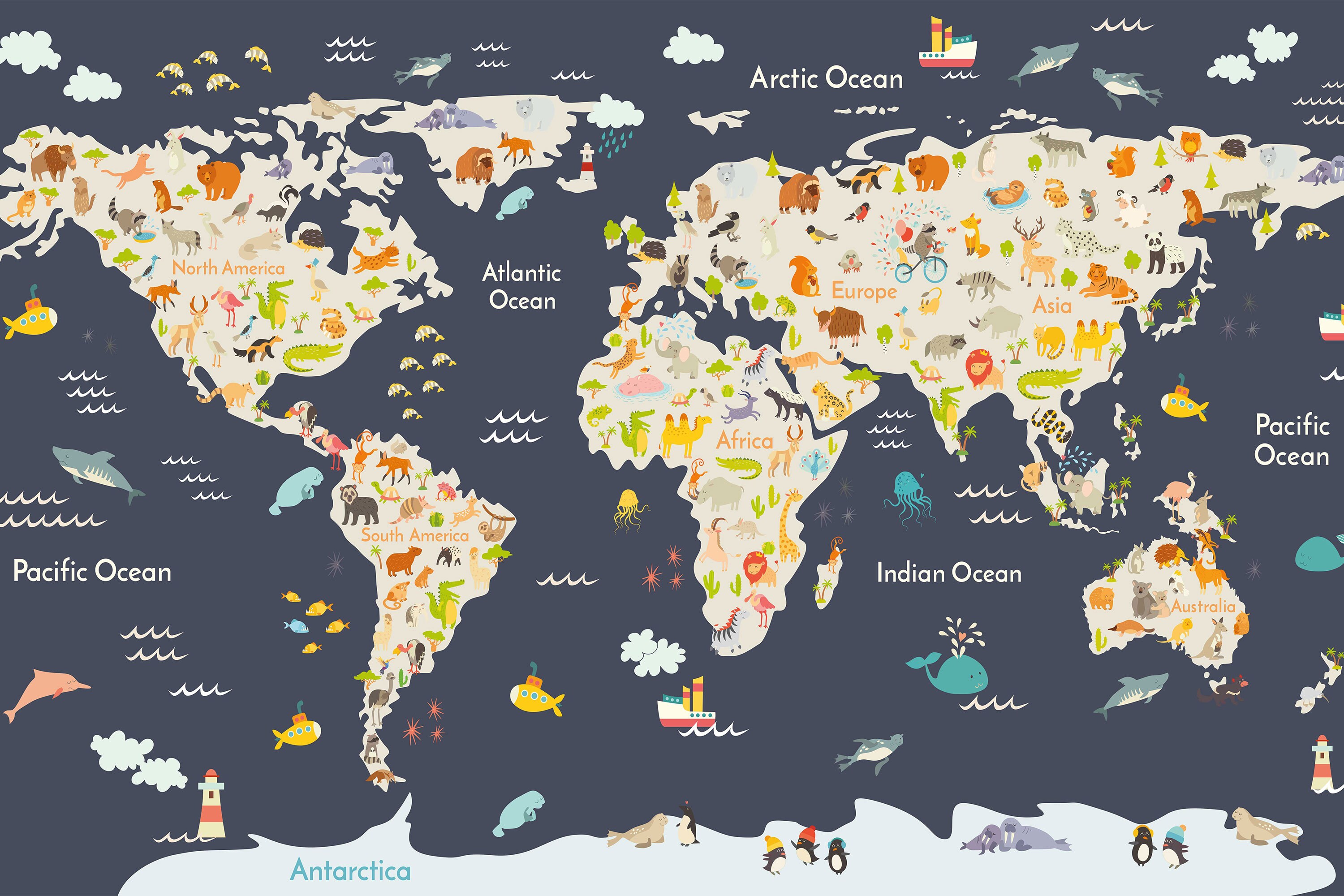 Kids Map Wallpaper Fun Animal Children's Map Wallpaper Etsy