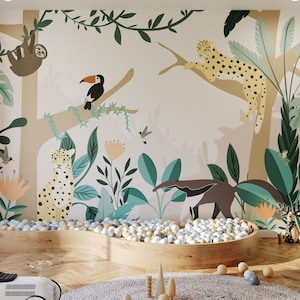Kinder Dschungel Tapete | Amazonas-Regenwald-Tier Wandbild | Perfektes Kinderzimmer, Spielzimmer oder Schlafzimmer Design