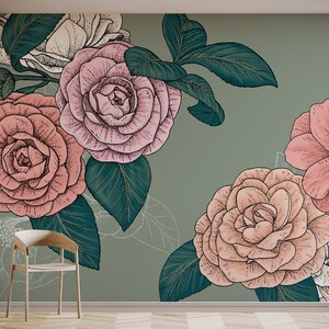 Maximalist Camellia Flower Wallpaper | Dark Floral Wall Mural
