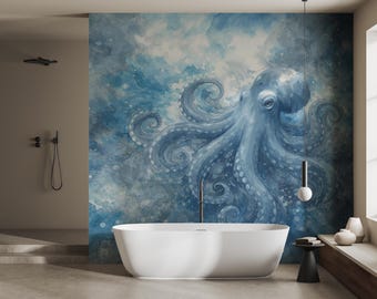 Mural de papel pintado de pulpo en acuarela