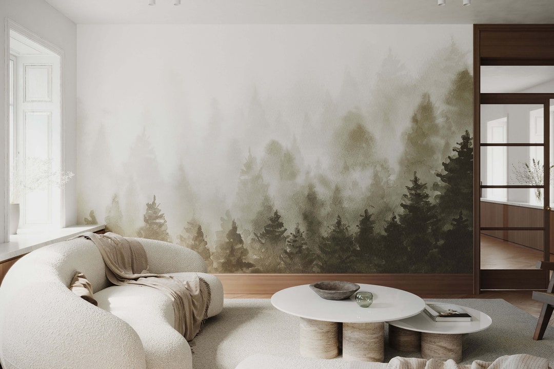Misty Pine Watercolour Forest Wallpaper Mural - Etsy